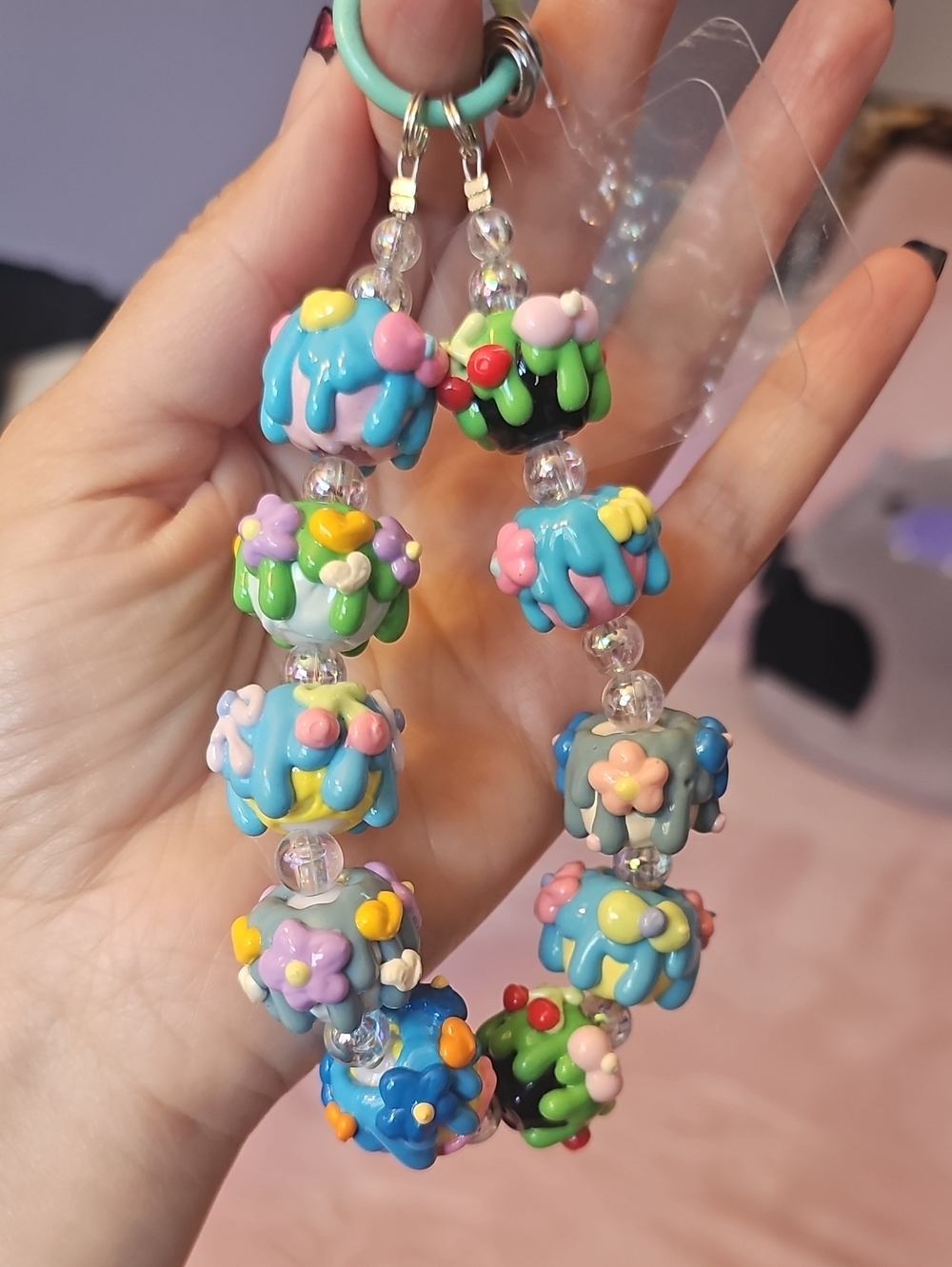 Cake Bead Phone Charm in Pastel Blue and Multicolor